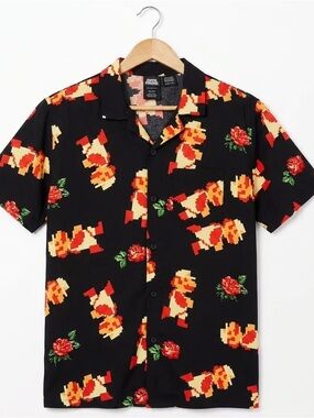 Nintendo Super Mario Bros Hawaiian Shirt Mens S Black Pixel Rose Button Front